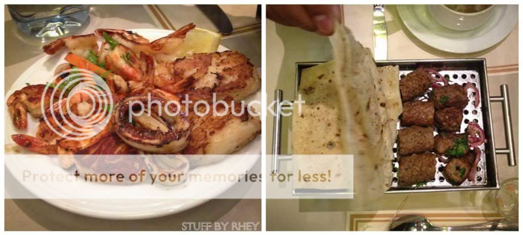 Left - Grill options at Rainbow Steakhouse- salmon, hammour, shrimp, squid and veggies. Right- the kebab box to keep your kebabs warm.